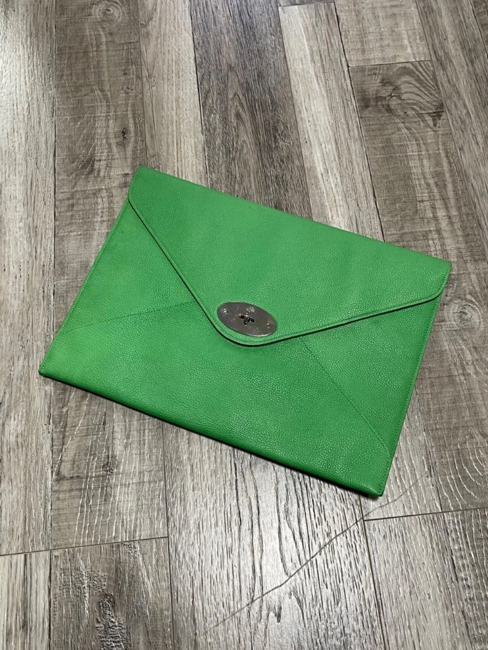 Mulberry Green Envelope Leather Clutch with Metal Turn-Lock